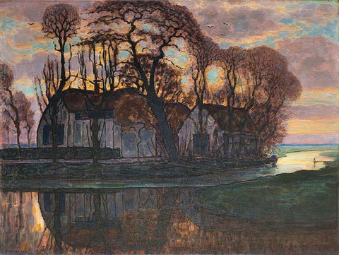 Farm Near Duivendrecht-in the Evening White Modern Wood Framed Art Print with Double Matting by Mondrian, Piet