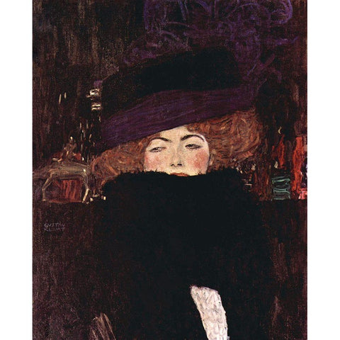 Dame mit Hut und Federboa Black Modern Wood Framed Art Print with Double Matting by Klimt, Gustav