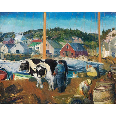 Ox Team-Wharf at Matinicus Black Modern Wood Framed Art Print with Double Matting by Bellows, George