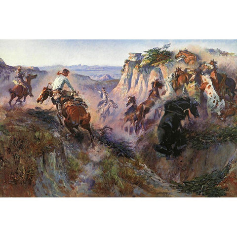 Wild Horse Hunters Black Modern Wood Framed Art Print by Russell, Charles Marion