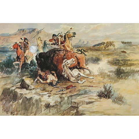 Buffalo Hunt White Modern Wood Framed Art Print by Russell, Charles Marion