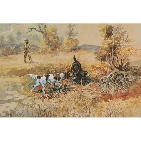 Huntsman and Dogs Gold Ornate Wood Framed Art Print with Double Matting by Russell, Charles Marion