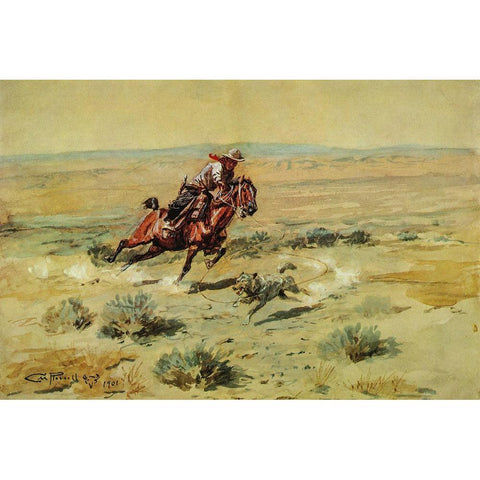 Roping a Wolf Black Modern Wood Framed Art Print with Double Matting by Russell, Charles Marion