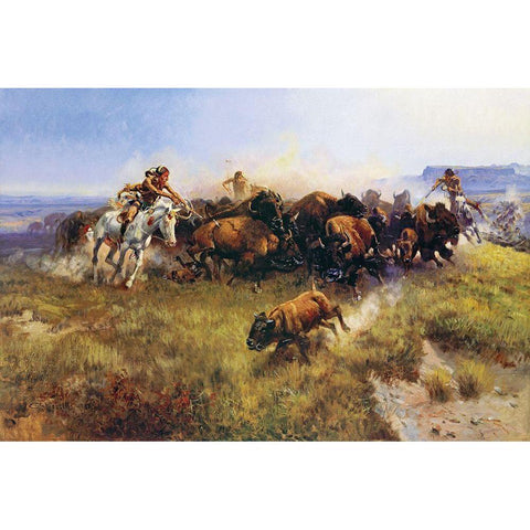 The Buffalo Hunt No. 39 White Modern Wood Framed Art Print by Russell, Charles Marion