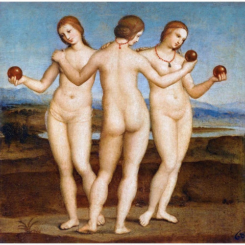 Three Graces Gold Ornate Wood Framed Art Print with Double Matting by Raphael