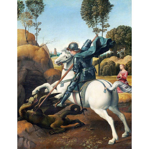 Saint George and the Dragon Gold Ornate Wood Framed Art Print with Double Matting by Raphael