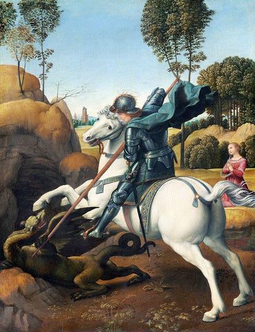 Saint George and the Dragon Black Ornate Wood Framed Art Print with Double Matting by Raphael