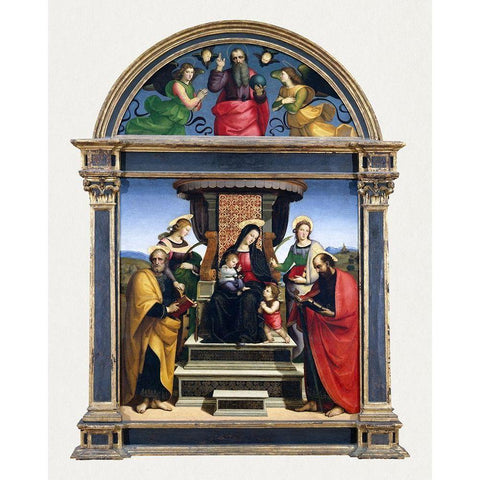 Madonna and Child Enthroned with Saints White Modern Wood Framed Art Print by Raphael