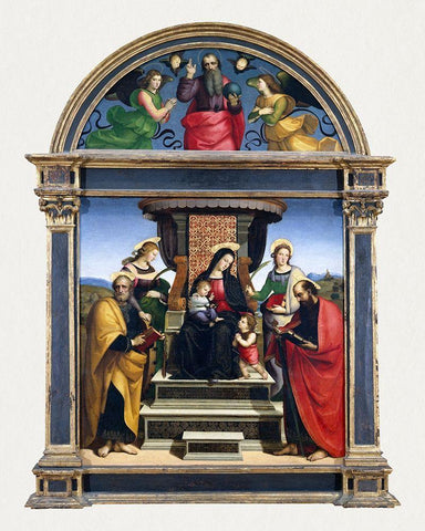 Madonna and Child Enthroned with Saints Black Ornate Wood Framed Art Print with Double Matting by Raphael