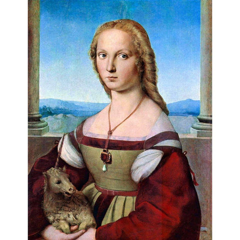 Young Woman with Unicorn Black Modern Wood Framed Art Print with Double Matting by Raphael