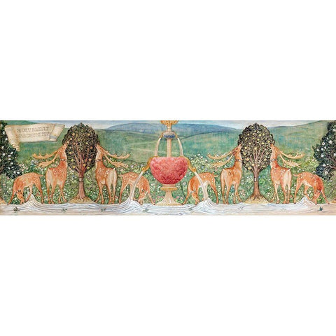 Deer by a Fountain Gold Ornate Wood Framed Art Print with Double Matting by Burneâ€“Jones, Edward