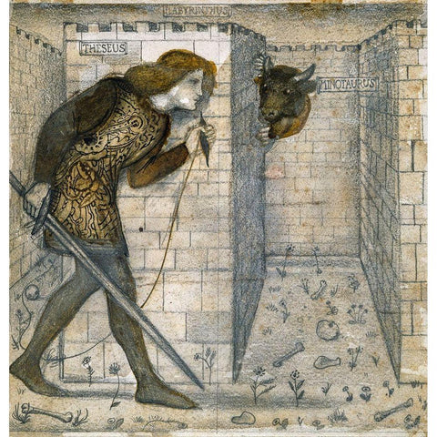 Theseus and the Minotaur in the Labyrinth White Modern Wood Framed Art Print by Burneâ€“Jones, Edward