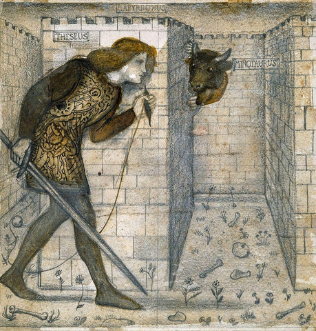 Theseus and the Minotaur in the Labyrinth Black Ornate Wood Framed Art Print with Double Matting by Burneâ€“Jones, Edward