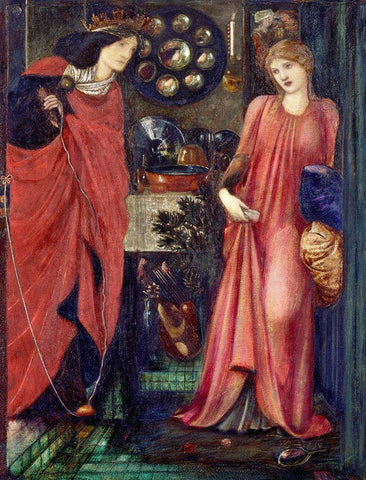 Fair Rosamund and Queen Eleanor White Modern Wood Framed Art Print with Double Matting by Burneâ€“Jones, Edward