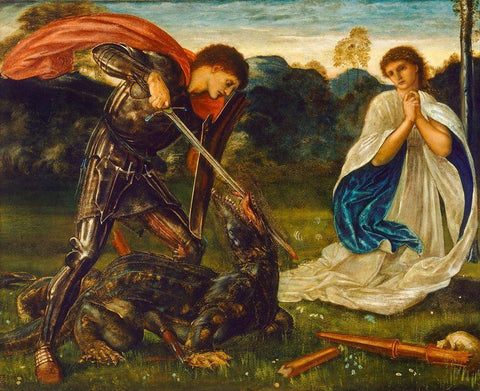 The Fight-St George kills the Dragon VI White Modern Wood Framed Art Print with Double Matting by Burneâ€“Jones, Edward