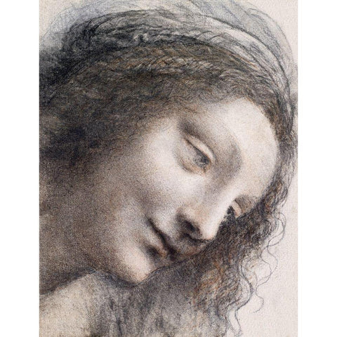 The Head of the Virgin in Three-Quarter View Facing Right White Modern Wood Framed Art Print by da Vinci, Leonardo