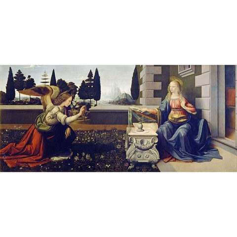 The Annunciation Black Modern Wood Framed Art Print with Double Matting by da Vinci, Leonardo