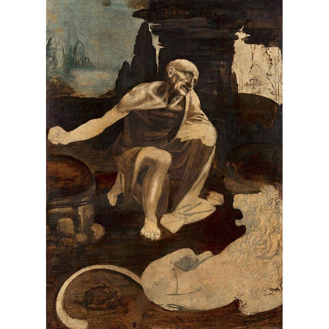 Saint Jerome in the Wilderness Black Modern Wood Framed Art Print with Double Matting by da Vinci, Leonardo