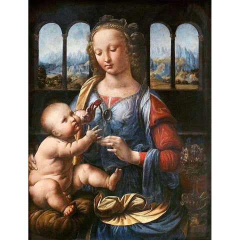 Madonna of the Carnation White Modern Wood Framed Art Print by da Vinci, Leonardo