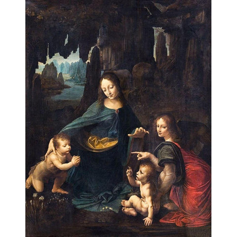 The Virgin of the Rocks Gold Ornate Wood Framed Art Print with Double Matting by da Vinci, Leonardo