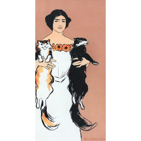 Woman Holding Cats White Modern Wood Framed Art Print by Penfield, Edward