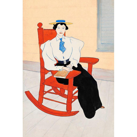 Young Woman Seated in a Red Rocking Chair White Modern Wood Framed Art Print by Penfield, Edward