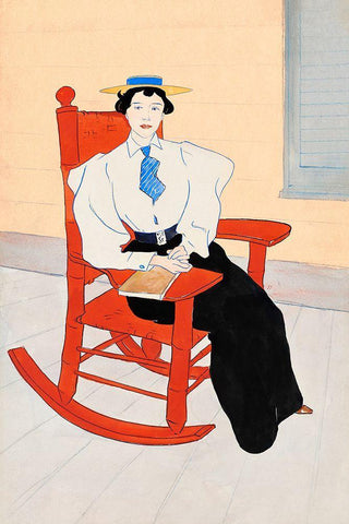 Young Woman Seated in a Red Rocking Chair White Modern Wood Framed Art Print with Double Matting by Penfield, Edward