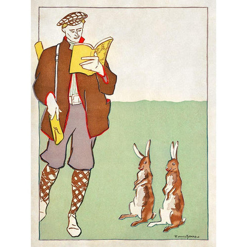 Man reading a book with Hares Black Modern Wood Framed Art Print by Penfield, Edward