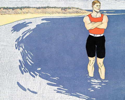 Man standing in the sea Black Ornate Wood Framed Art Print with Double Matting by Penfield, Edward