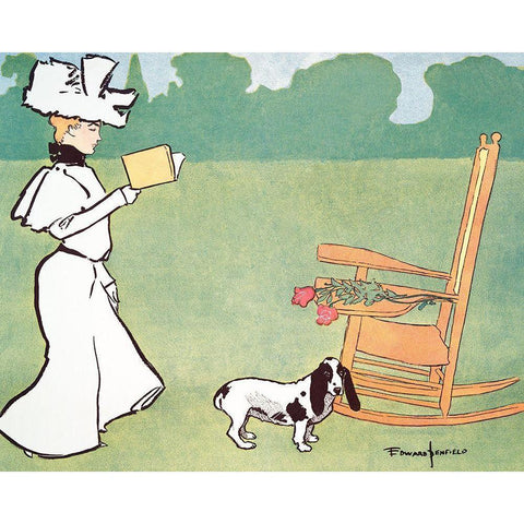 Woman reading in the Garden White Modern Wood Framed Art Print by Penfield, Edward