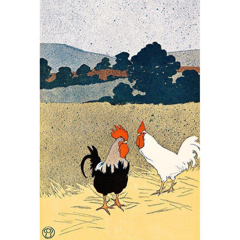 Two Roosters in a Field Gold Ornate Wood Framed Art Print with Double Matting by Penfield, Edward