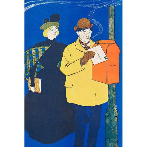 Man and Woman sending letter Black Modern Wood Framed Art Print with Double Matting by Penfield, Edward