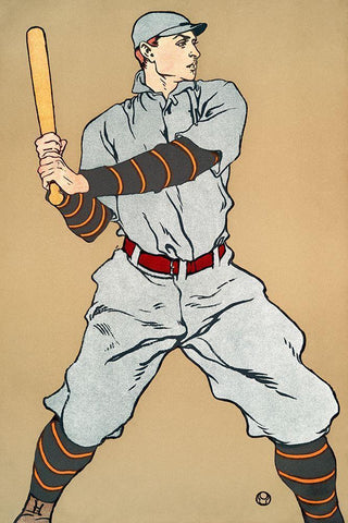 Vintage Drawing of a baseball player holding a bat White Modern Wood Framed Art Print with Double Matting by Penfield, Edward