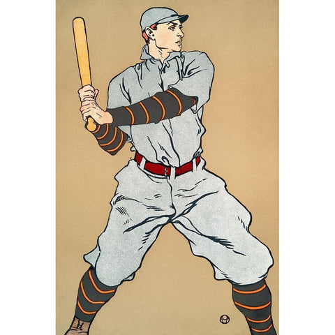 Vintage Drawing of a baseball player holding a bat White Modern Wood Framed Art Print by Penfield, Edward