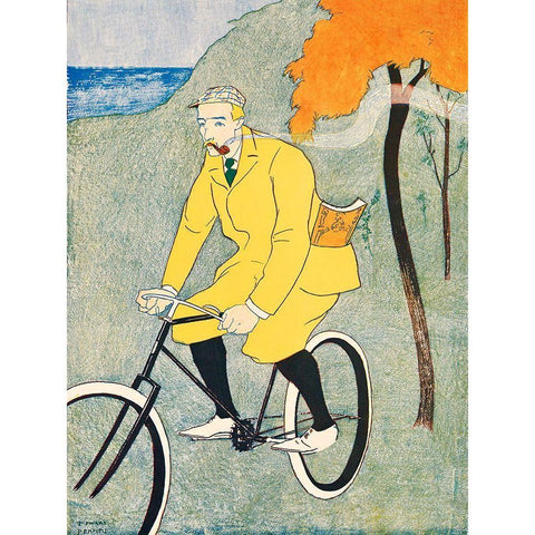Man Riding Bicycle White Modern Wood Framed Art Print by Penfield, Edward