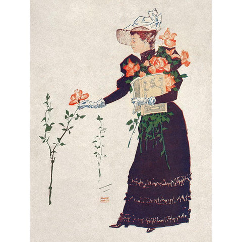 Woman Picking up Flowers Gold Ornate Wood Framed Art Print with Double Matting by Penfield, Edward