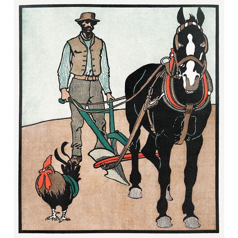 Man with Rooster and Horse Black Modern Wood Framed Art Print with Double Matting by Penfield, Edward