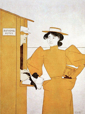 woman picking up bathing suits  Black Ornate Wood Framed Art Print with Double Matting by Penfield, Edward