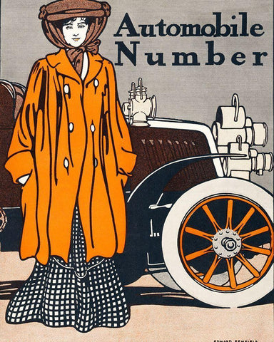 Woman and a vintage car White Modern Wood Framed Art Print with Double Matting by Penfield, Edward