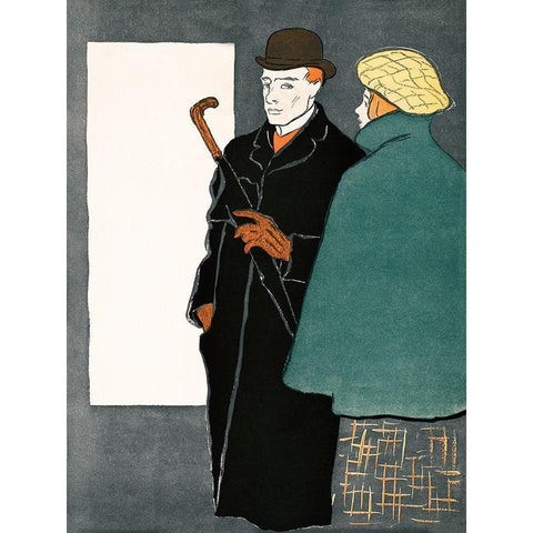 Man with walking stick and woman Gold Ornate Wood Framed Art Print with Double Matting by Penfield, Edward