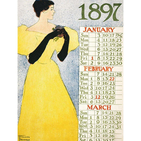 Calendar 1897 Gold Ornate Wood Framed Art Print with Double Matting by Penfield, Edward