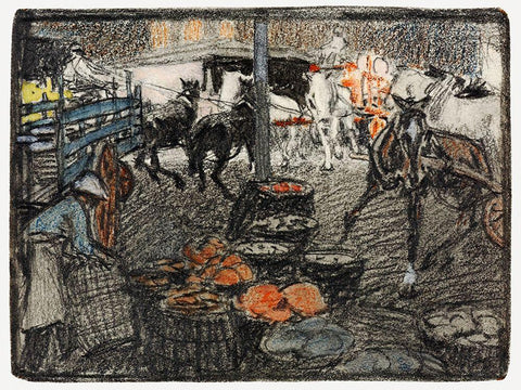 A busy scene of a market Black Ornate Wood Framed Art Print with Double Matting by Penfield, Edward