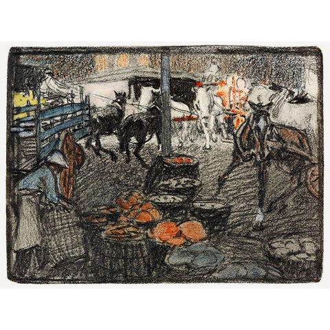 A busy scene of a market Black Modern Wood Framed Art Print with Double Matting by Penfield, Edward