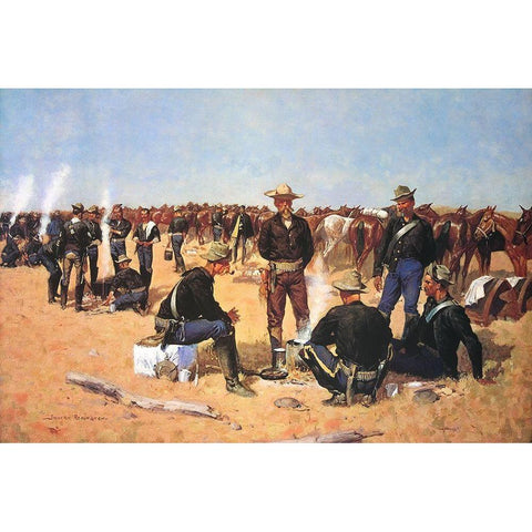 A Cavalrymans Breakfast on the Plains Black Modern Wood Framed Art Print with Double Matting by Remington, Frederic