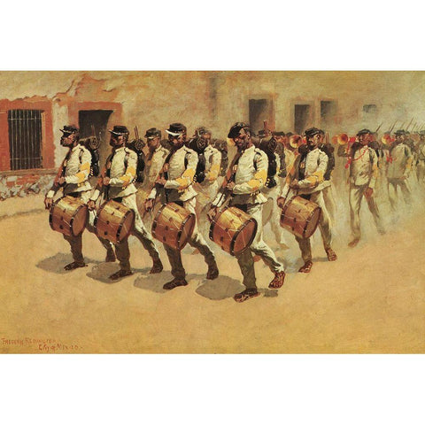 Drum Corps-Mexican Army White Modern Wood Framed Art Print by Remington, Frederic