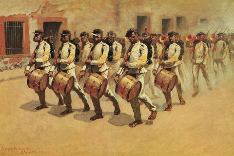 Drum Corps-Mexican Army Black Ornate Wood Framed Art Print with Double Matting by Remington, Frederic