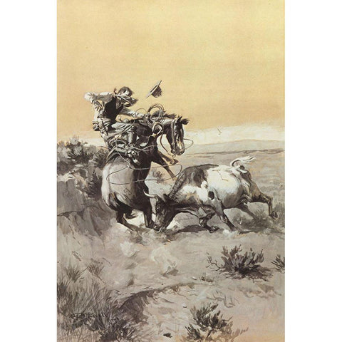 A Moment of Great Peril in a Cowboys Career Black Modern Wood Framed Art Print with Double Matting by Russell, Charles Marion