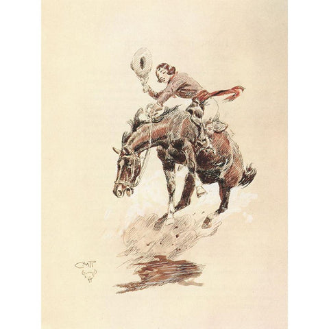 Bucking Horse and Cowgirl White Modern Wood Framed Art Print by Russell, Charles Marion