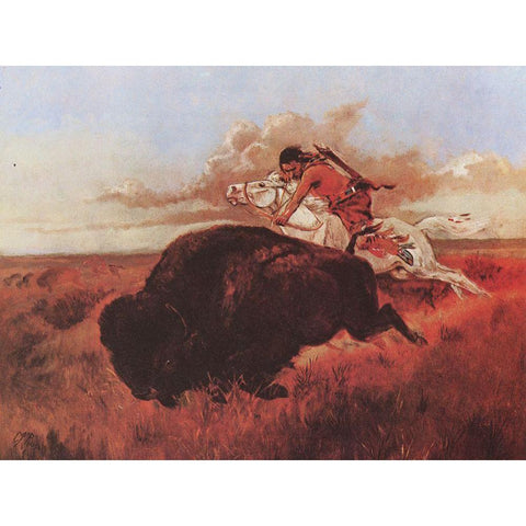 Buffalo Hunting Gold Ornate Wood Framed Art Print with Double Matting by Russell, Charles Marion