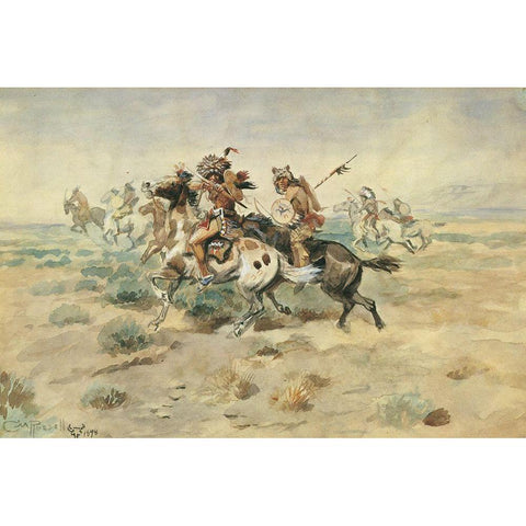 Indian Fight Gold Ornate Wood Framed Art Print with Double Matting by Russell, Charles Marion